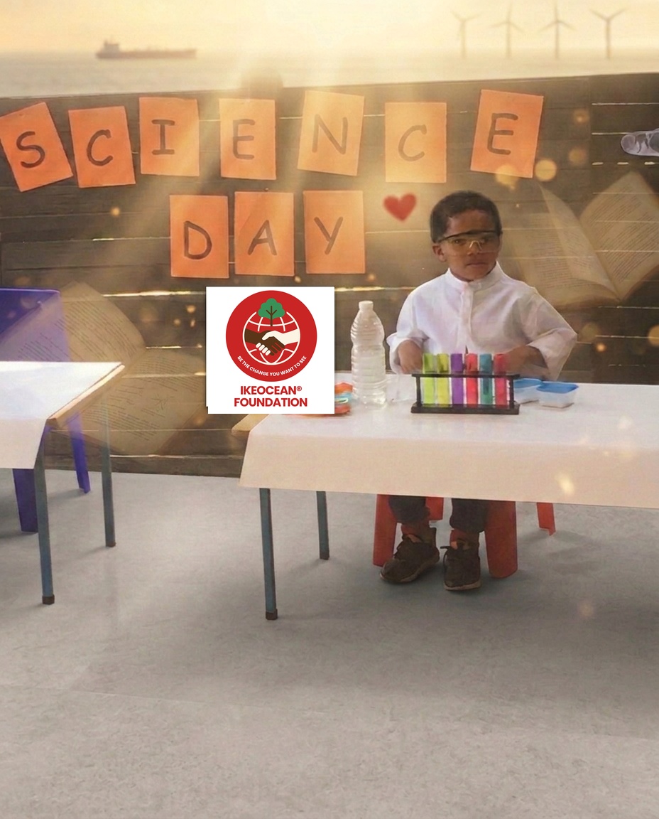 Science Day boy presenting his experiment, with the official IKEOCEAN Foundation plaque below the sign, a refined floor and an illustrative hopeful ocean background
