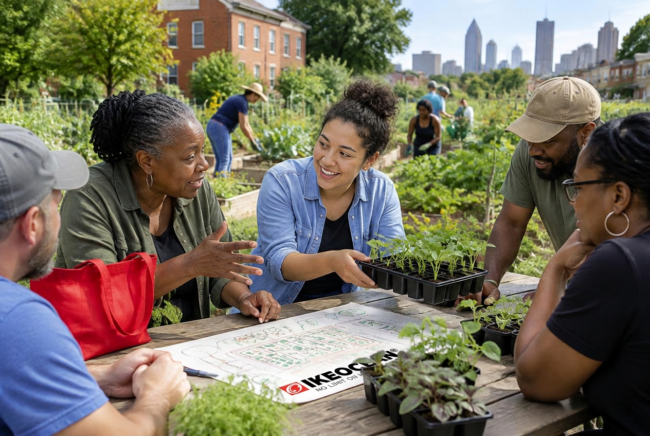 Illustrative neighbors planning and planting a community garden