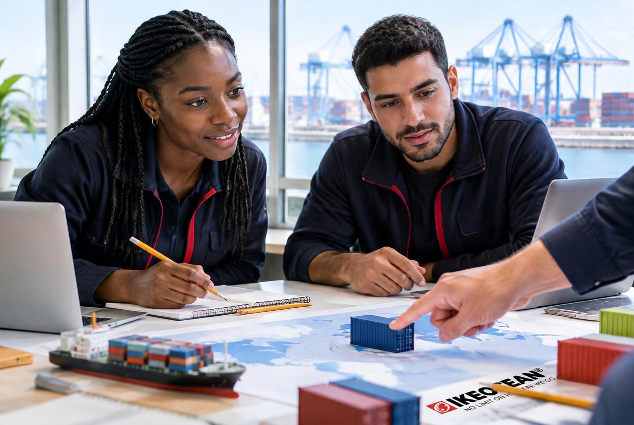 Illustrative adult learners practicing shipping route planning with a mentor