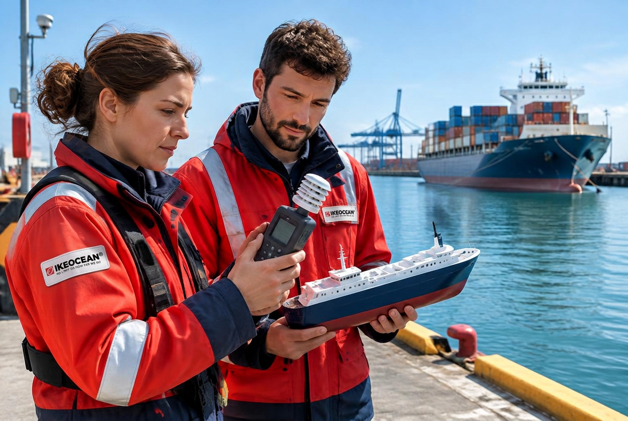 Illustrative maritime researchers examining a monitor beside a working harbor