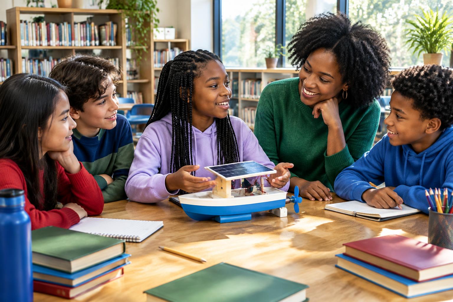 Illustrative children exploring a solar-powered model boat with a mentor