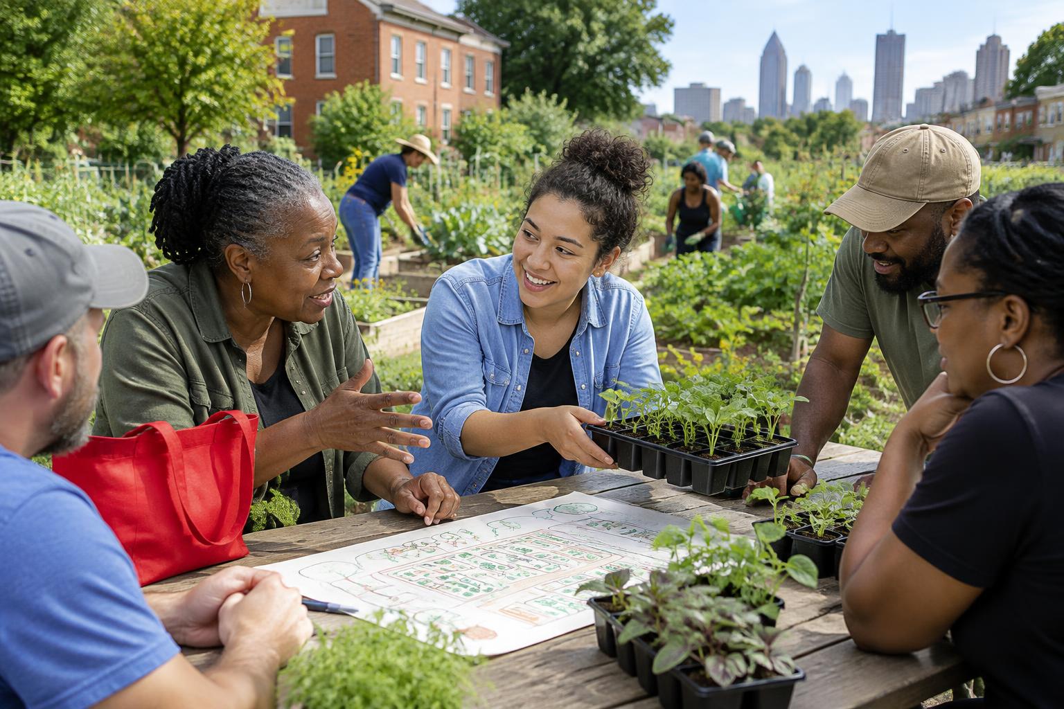 Illustrative neighbors planning and planting a community garden