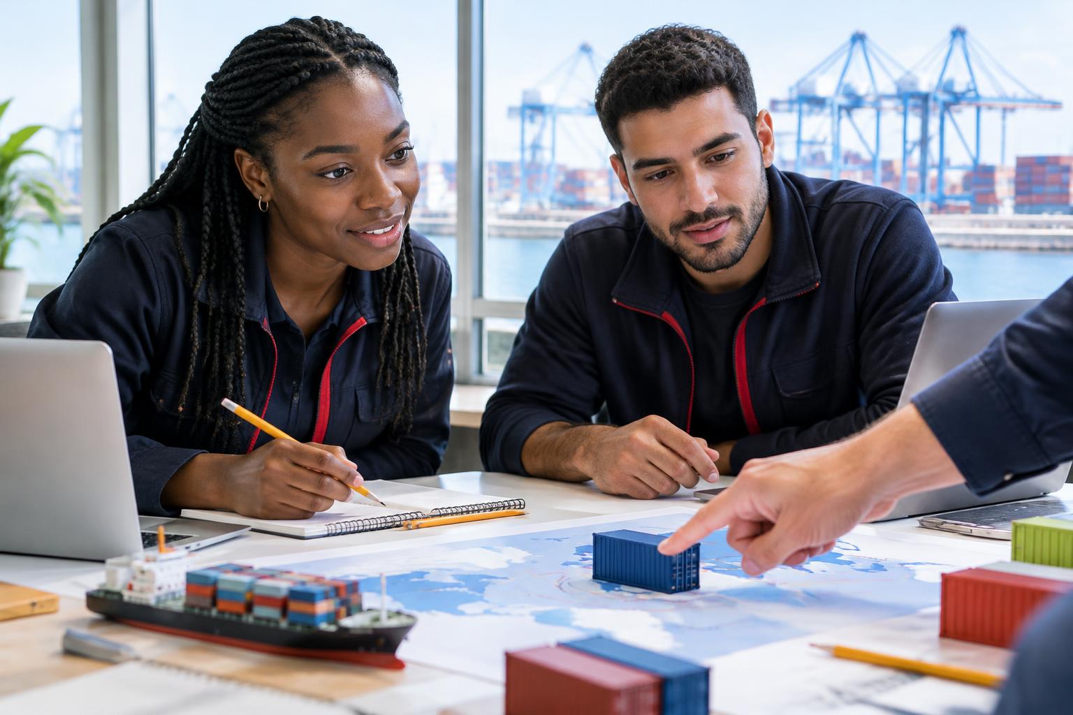 Illustrative adult learners practicing shipping route planning with a mentor