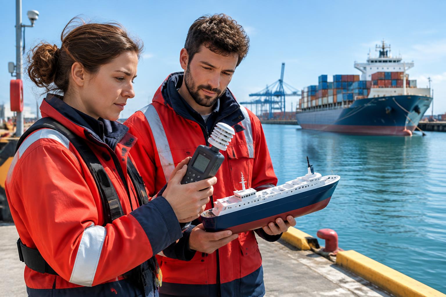 Illustrative maritime researchers examining a monitor beside a working harbor